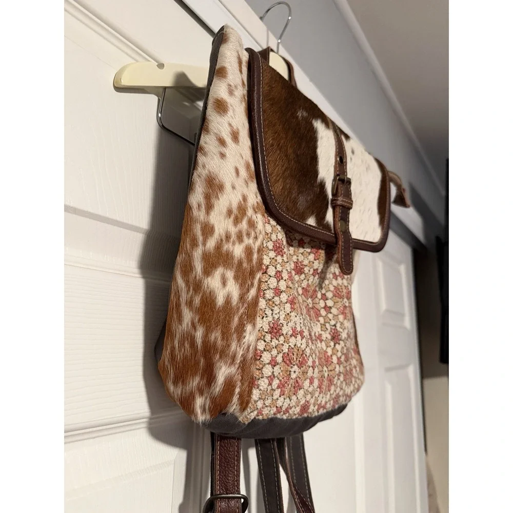 Myra Bag‎ Canvas Genuine Leather Cow Hide Backpack Western Festival Up Cycled